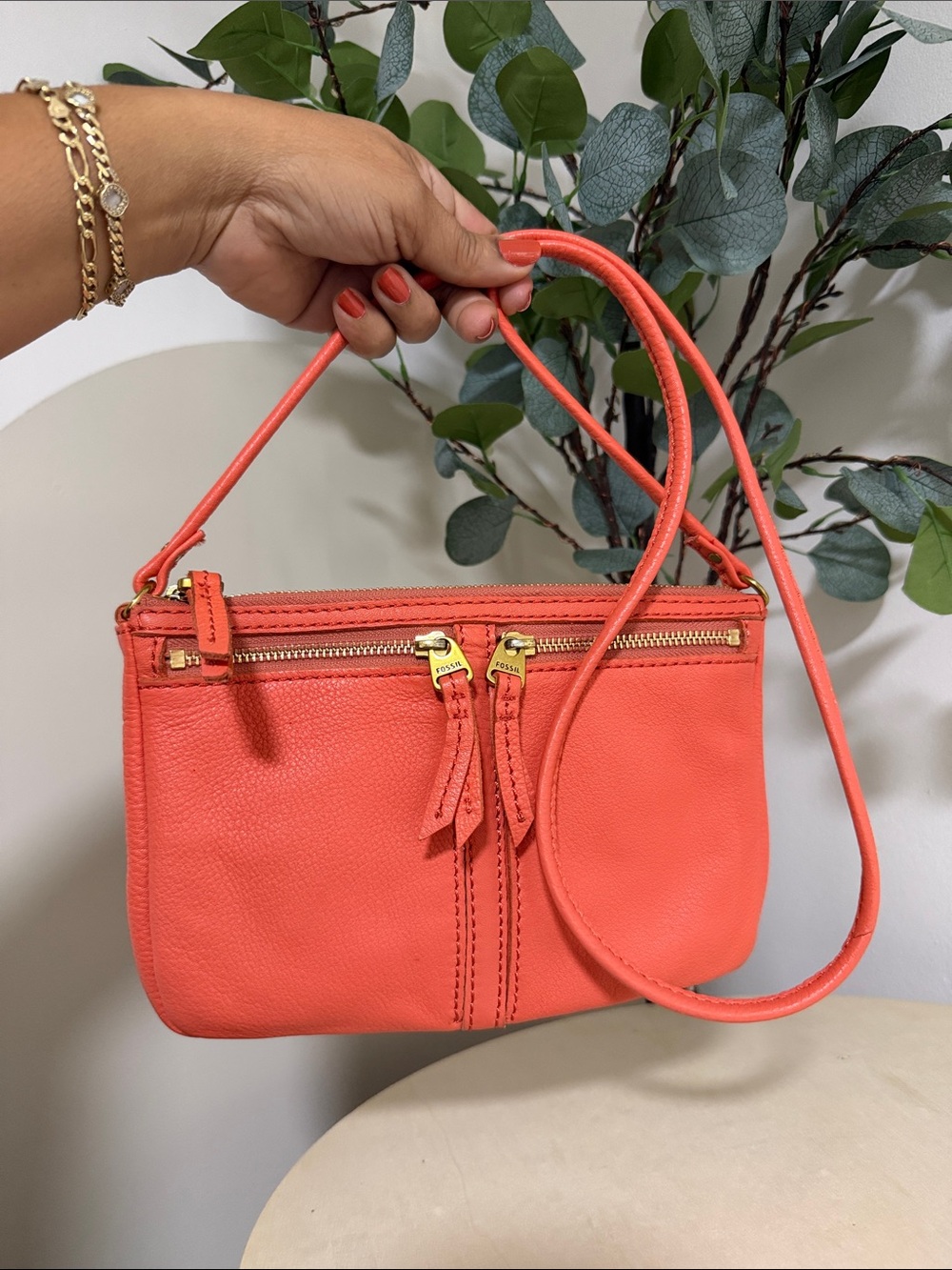 Fossil Coral Leather Crossbody with Gold Accents